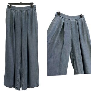 Hunter & Brown Women Wide Leg Chambray Palazzo Pants Blue Pleaded Pockets Sz S